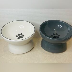 Ceramic Raised Cat Dog Dishes or Small Bowl Pet Bowls Set White Gray Elevated